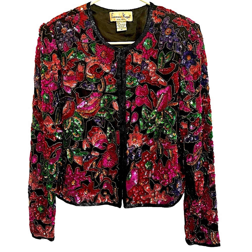 Laurence Kazar Silk Beaded & Sequined Cardigan Style Lady Jacket Vintage Sz M